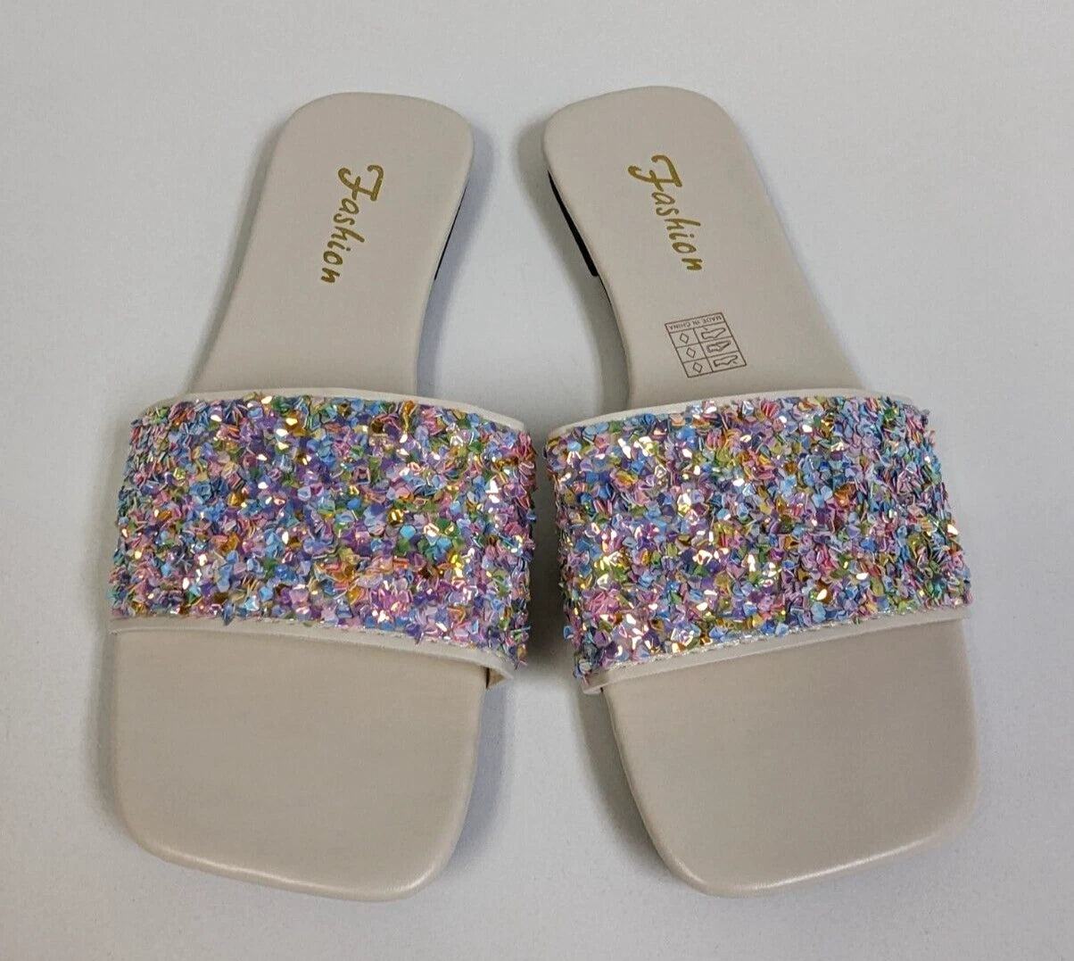 Womens 9.5 Iridescent Bling Rainbow Glitter Sequin Slip On Sandal Slides