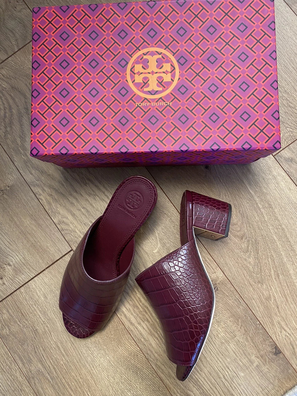 TORY BURCH MARTINE  croco emboss slide sandal Burgundy Claret 7.5 C MSRP $406