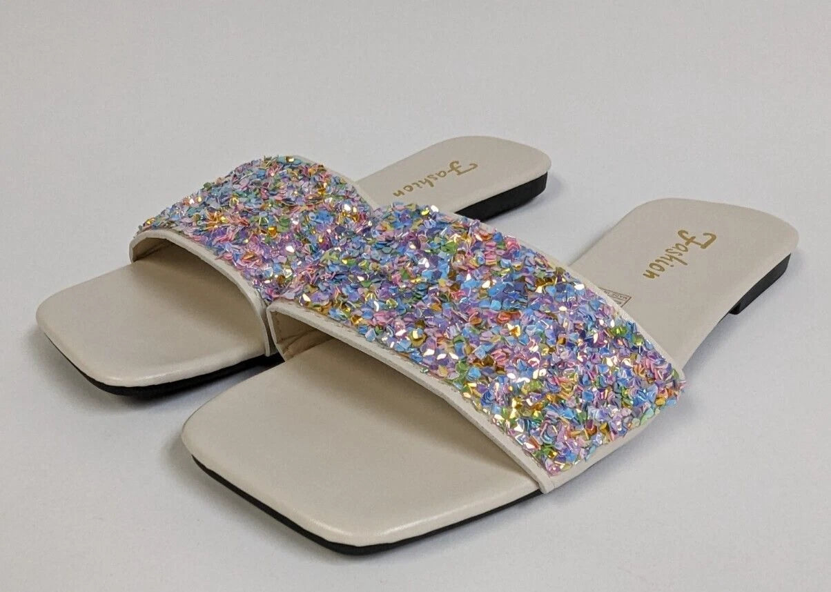 Womens 9.5 Iridescent Bling Rainbow Glitter Sequin Slip On Sandal Slides