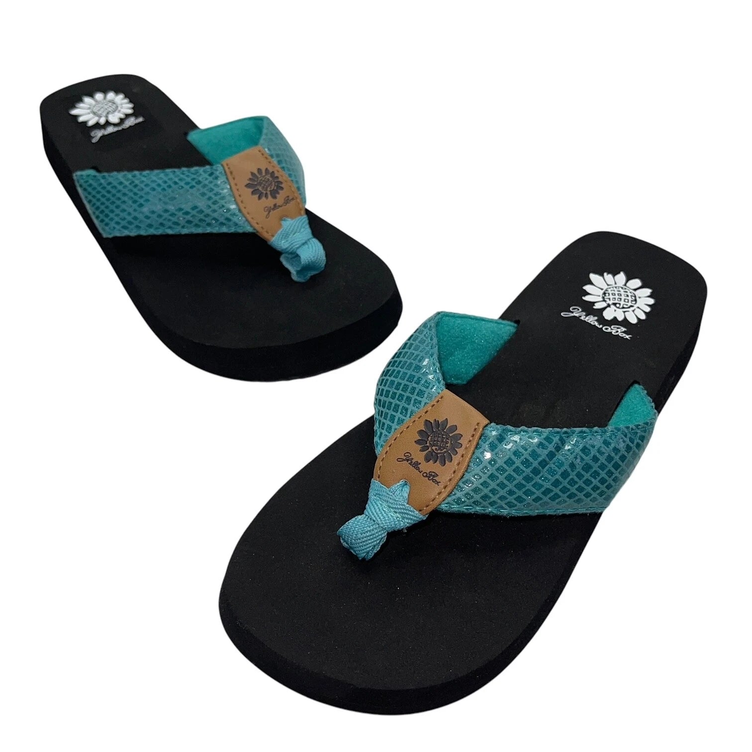 Yellow Box Flip Flops Teal Shiny Snakeskin Embossed Shimmer Wedge Sandal Faya