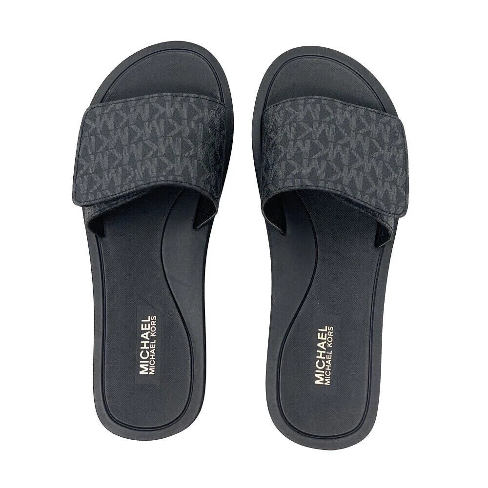 Michael Kors Wade Slide MK Signature Logo Sandals Adjust Closure Black SZ 11 New