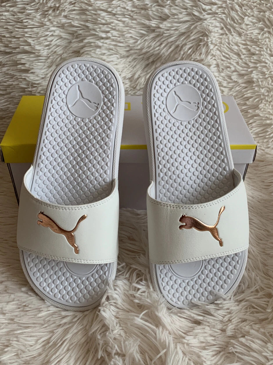 Women’s Slides Size 8 PUMA Cool Cat Sport Style: 371016 17 White Glow/Gold Rose