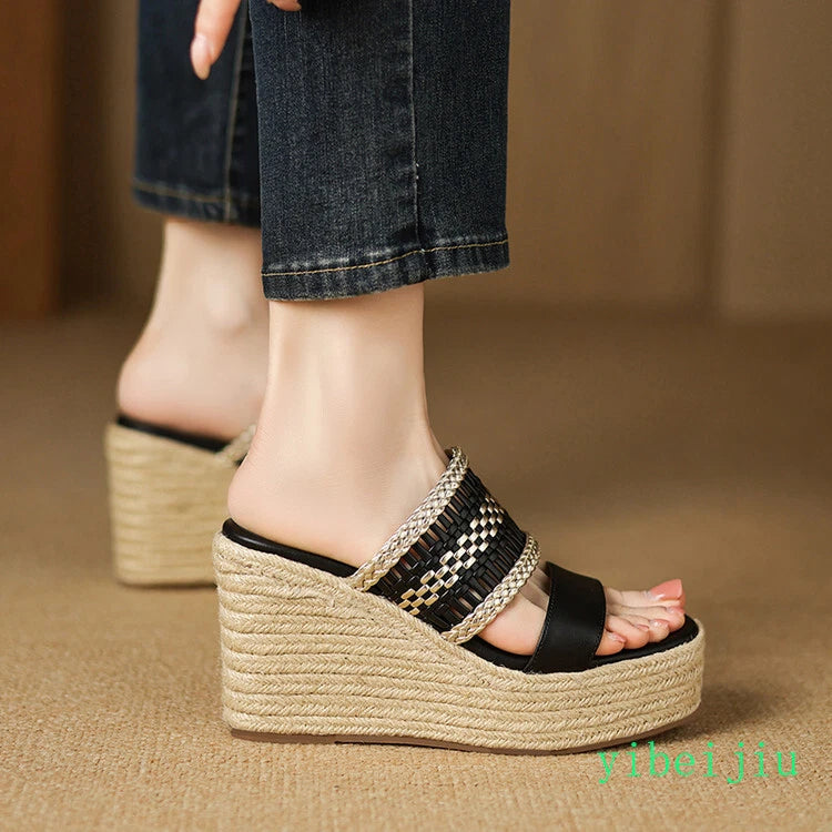 Women's Slipper Hemp Straw Weaving Platform Wedge Heel Mules Slides Sandals Lady