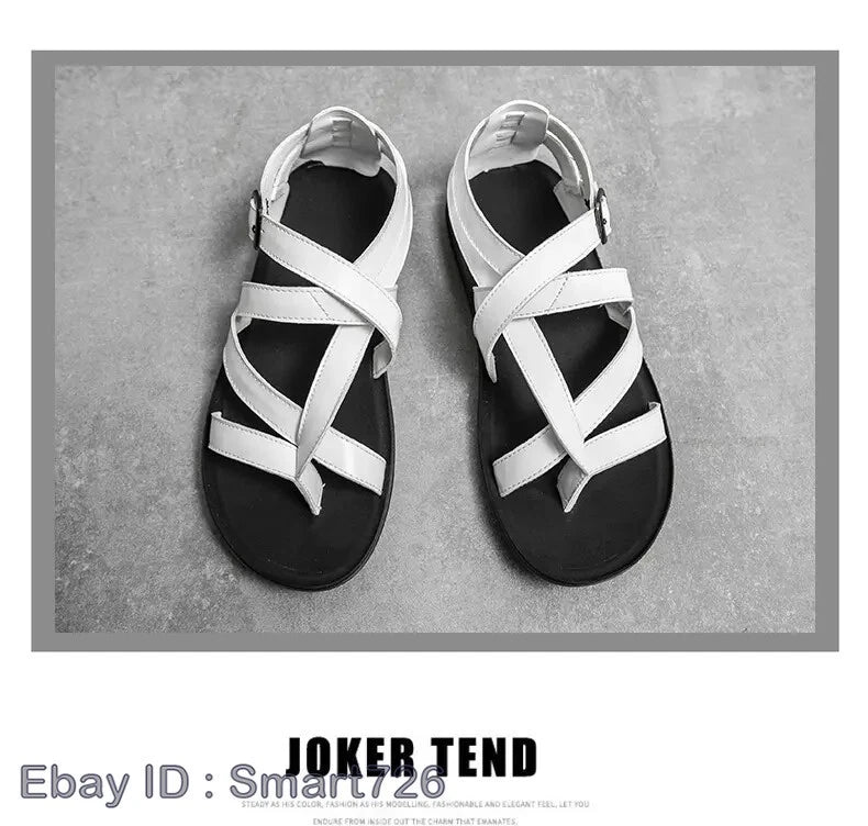 38-45 Mens Flip Flops Buckle Sandals Flat Shoes Summer Roman Style PU Leather