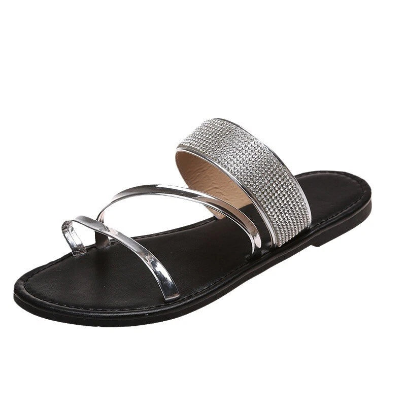 Women's Shiny Rhinestones Flat Slides Fashion Peep Toe Summer Casual Beach Shoes