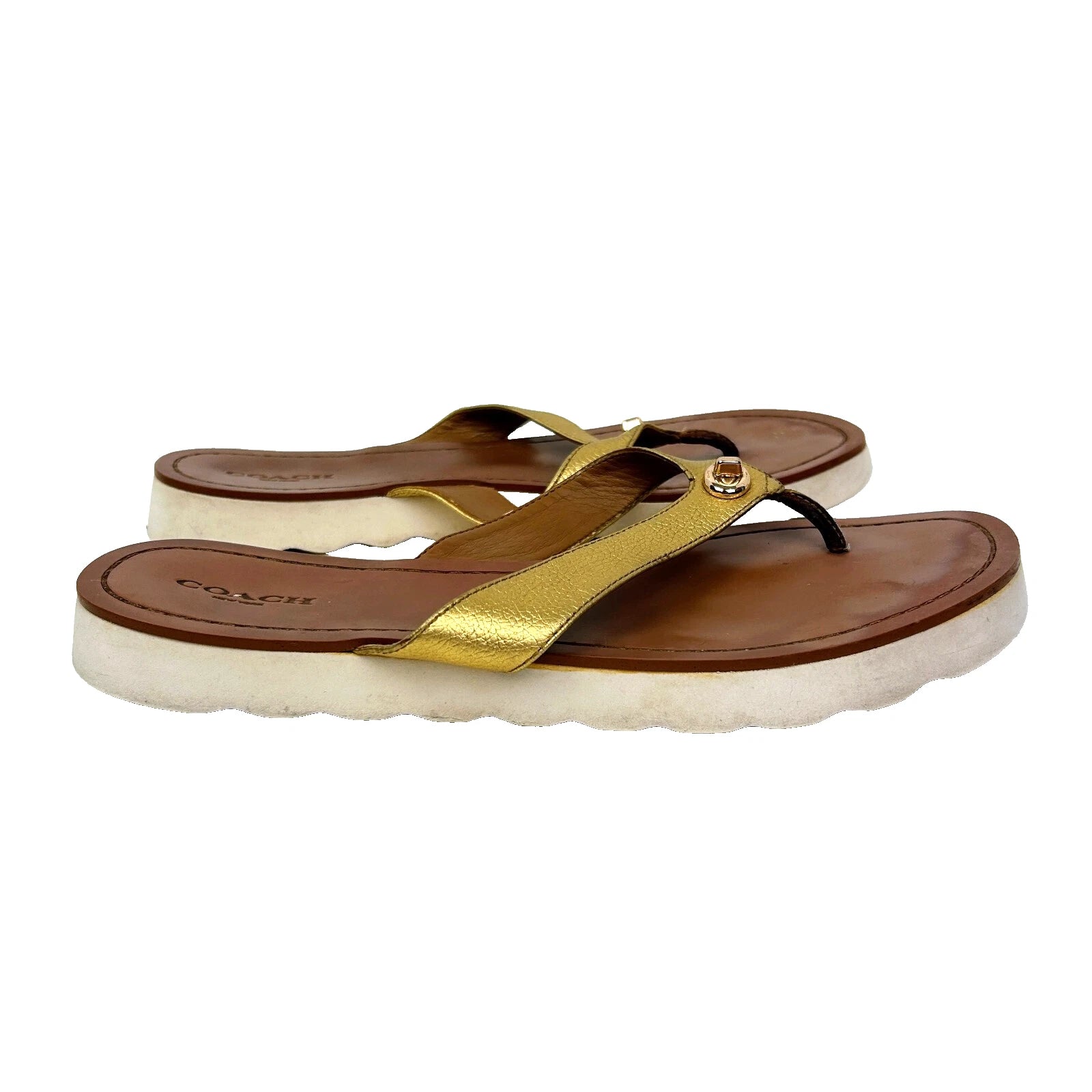 Coach Shelly Metallic Gold Leather Turnlock Flip Flops Thong Sandals Shoes 8.5