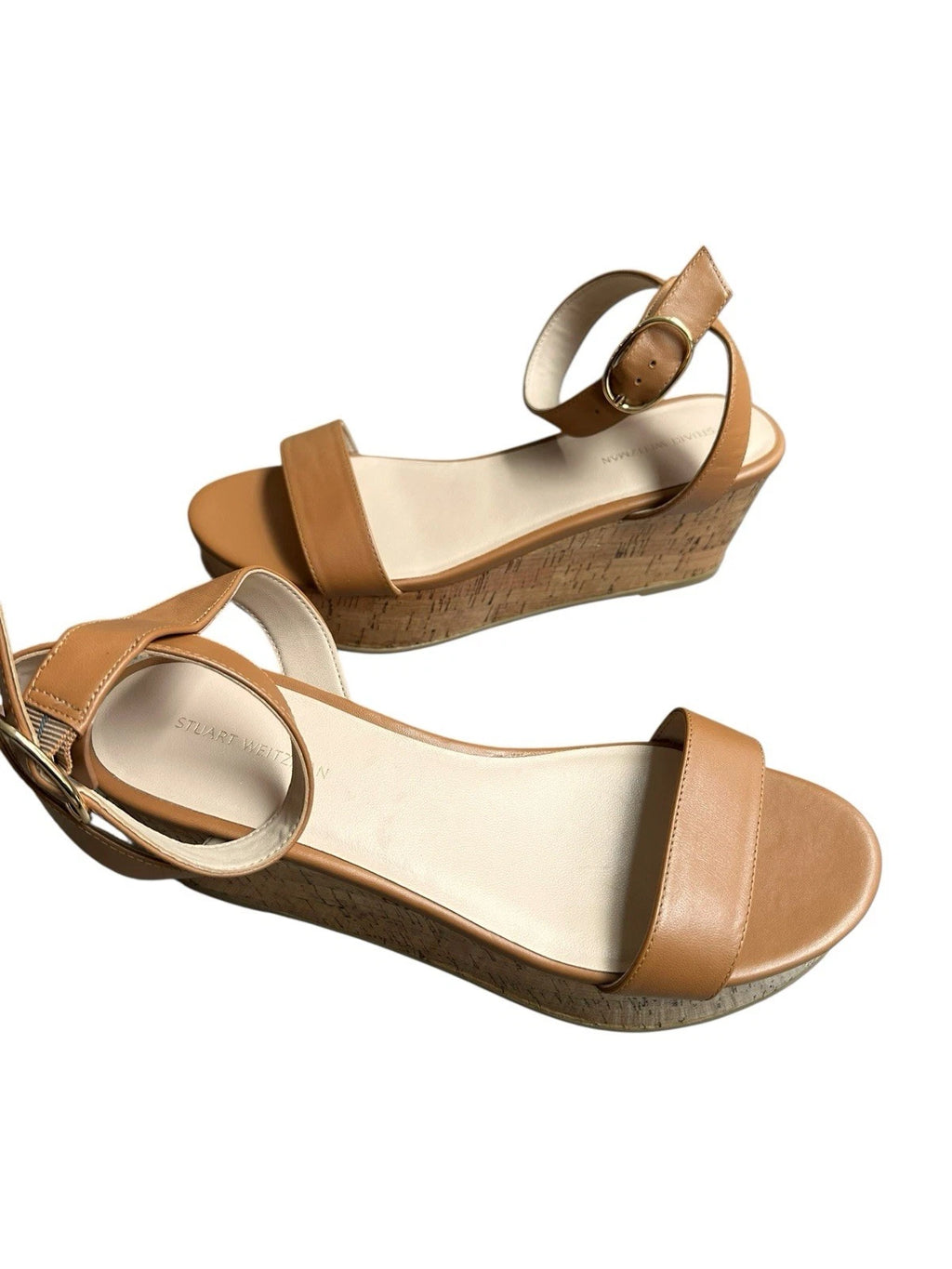 Stuart Weitzman Avenue 65 Platform Wedge Sandal Almond Tan Leather Cork Sz 8.5