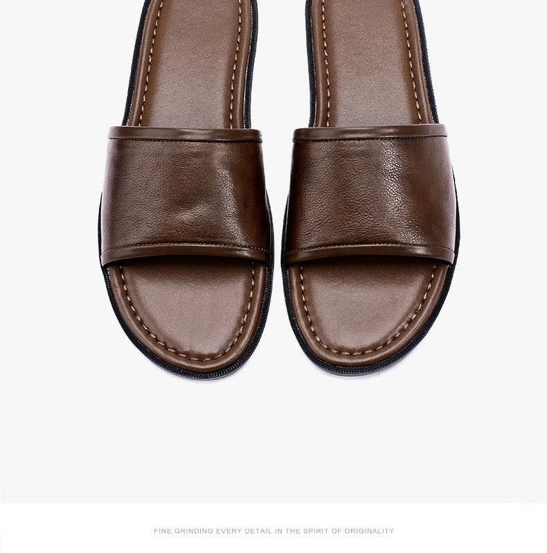Roman Style Mens Open Toe Sandal Slippers Real Leather Flat Shoes Summer Outdoor