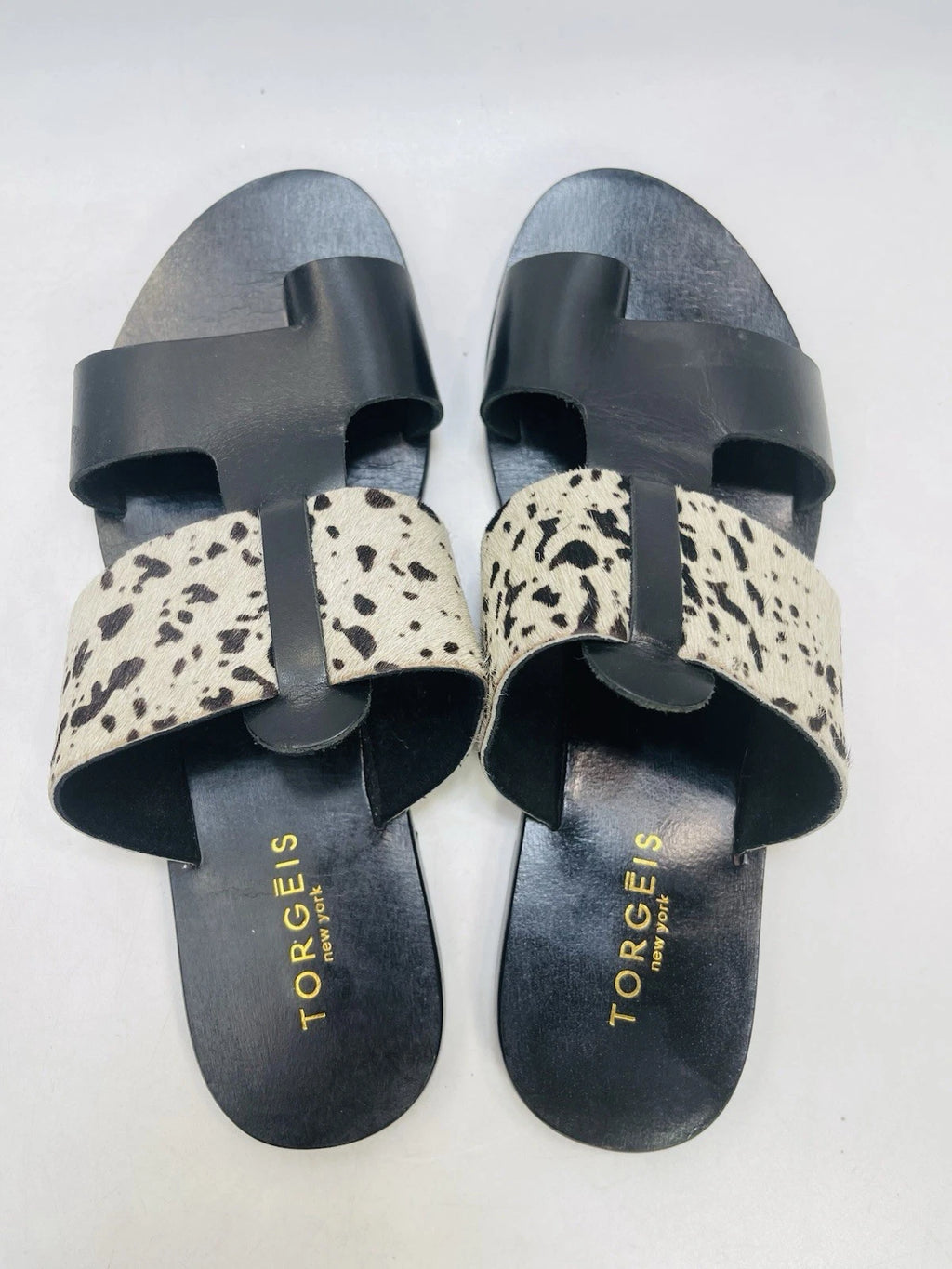 Torgeis New York Sz 7 Epona Slide Sandals Black Leather Pony Calf Hair #FEI1059