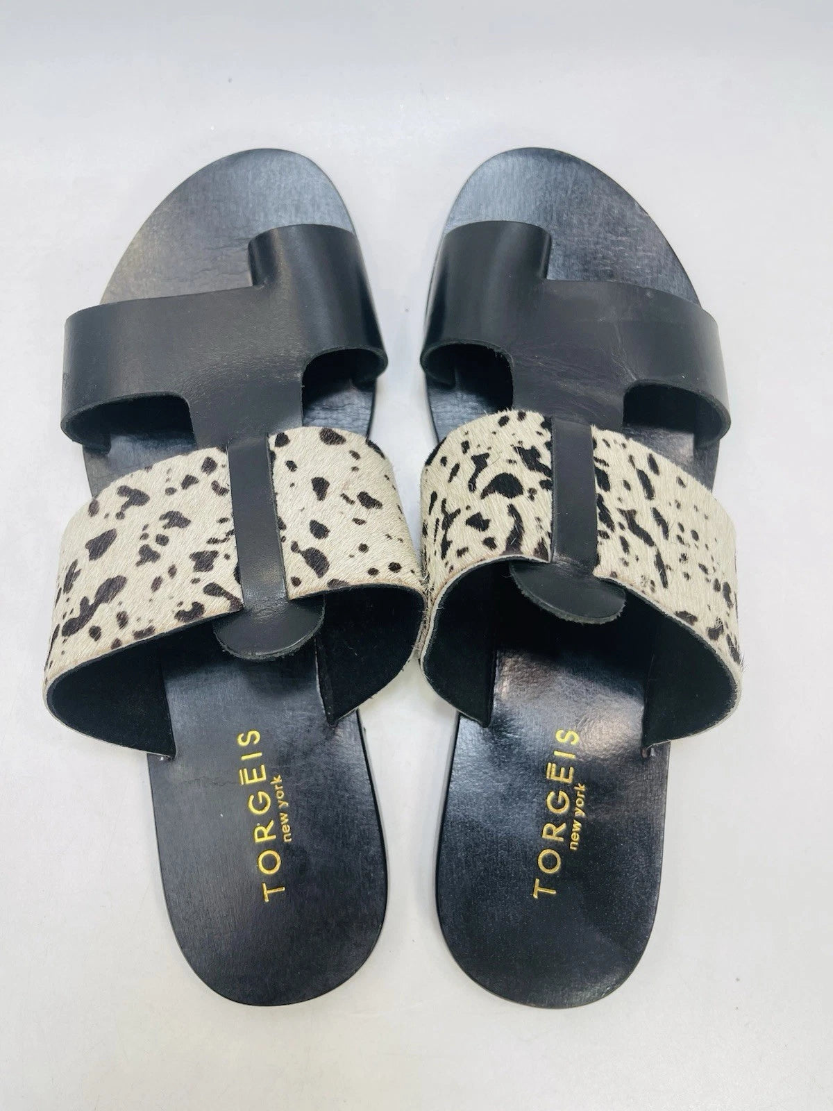Torgeis New York Sz 7 Epona Slide Sandals Black Leather Pony Calf Hair #FEI1059