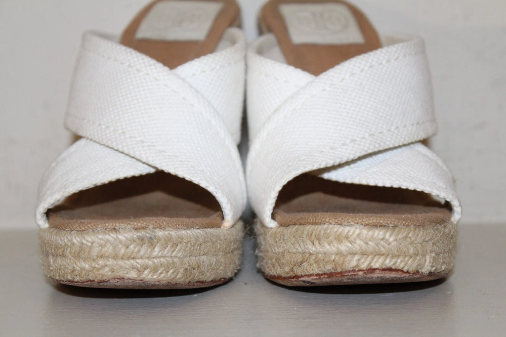 Tory Burch Wedge Kristen Sandal Wedge Heel Sz 8 M Gold Signature Logo White