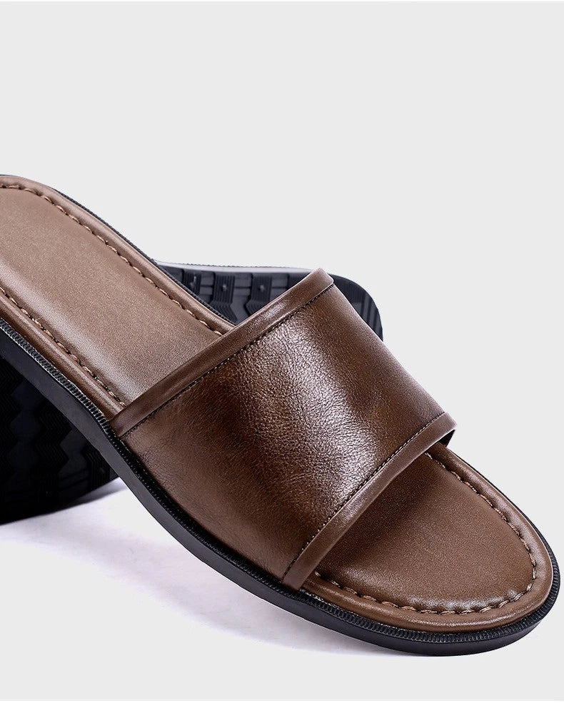 Roman Style Mens Open Toe Sandal Slippers Real Leather Flat Shoes Summer Outdoor