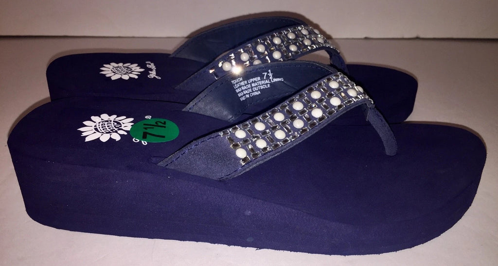 Yellow Box Flip Flops Sandals Women's Touch Wedge Pearl Jeweled Blue Black NWT
