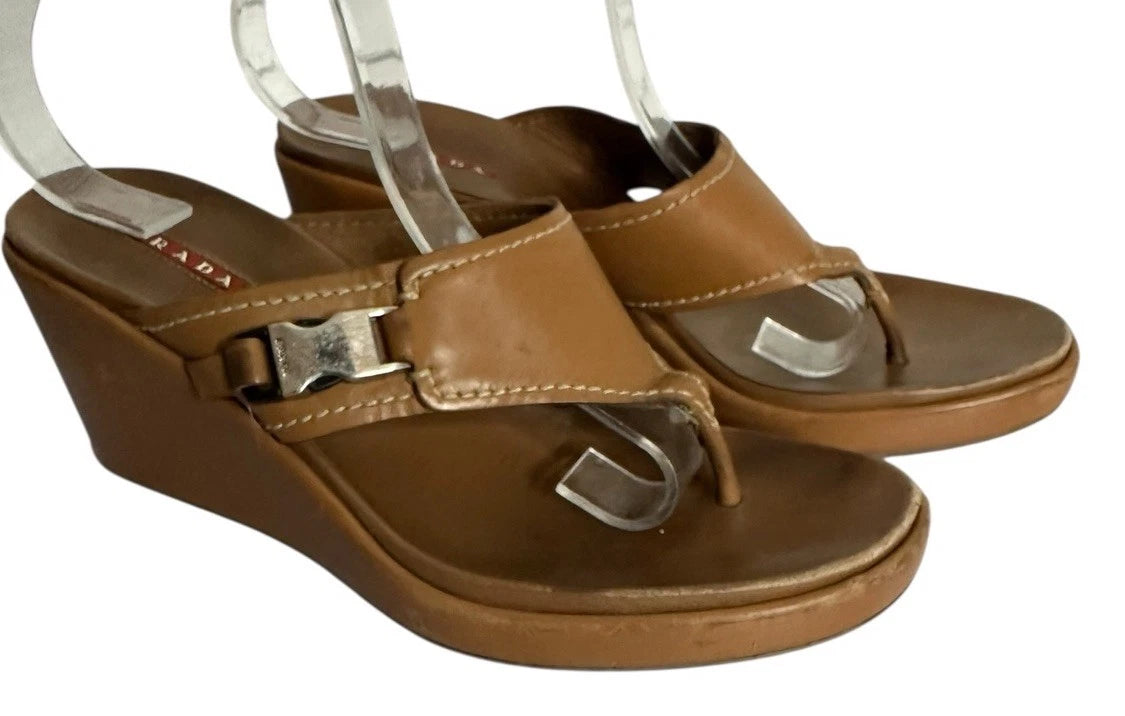 Vintage Prada y2K 90s Leather Thong Platform Wedge Brown Designer Sandals 37 US7
