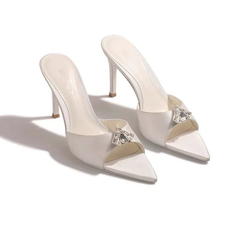 2025 Summer Women's Rhinestones Pointed Open Toe Mules Slides Slippers Sandals