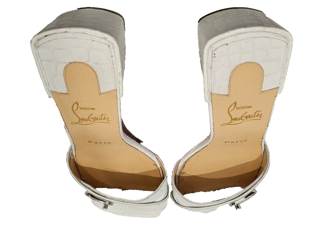 CHRISTIAN LOUBOUTIN White Calfskin Crocodile Embossed Lock Art 55 Slides - 37.5