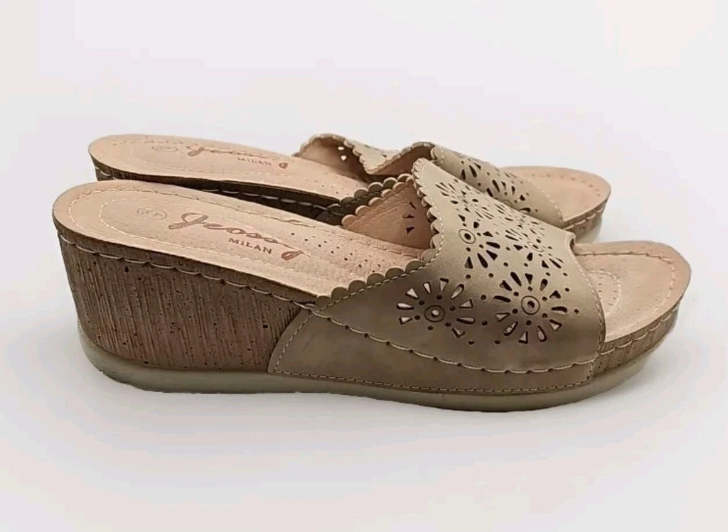 Jeossy Cork Wedge Slides Sandals Beige Women Sz 6 Etherial Soft Girl #163