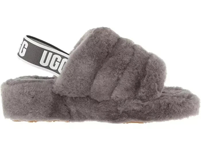 NEW UGG FLUFF YEAH SLIDE SHEEPSKIN SLIPPERS SANDALS SLIDES GREY SIZE 3