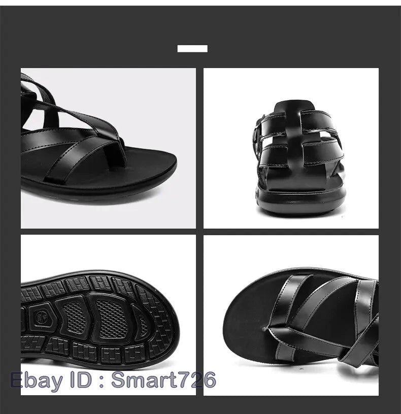 38-45 Mens Flip Flops Buckle Sandals Flat Shoes Summer Roman Style PU Leather
