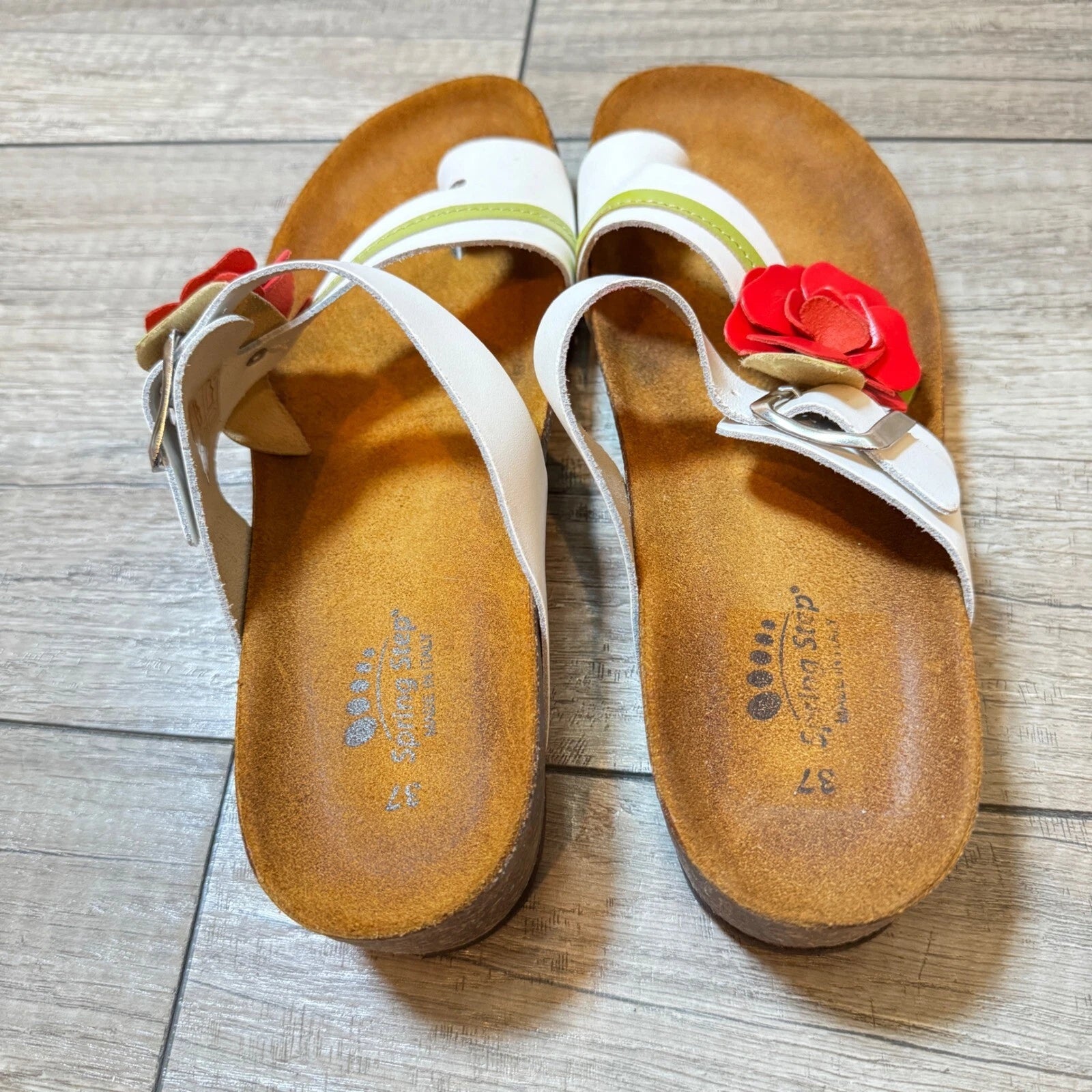 Spring Step Sandals Slides Leather Flower Accent Comfort Casual White 37