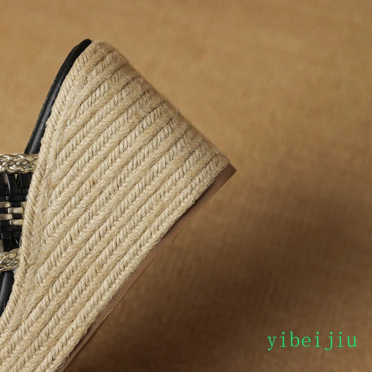Women's Slipper Hemp Straw Weaving Platform Wedge Heel Mules Slides Sandals Lady