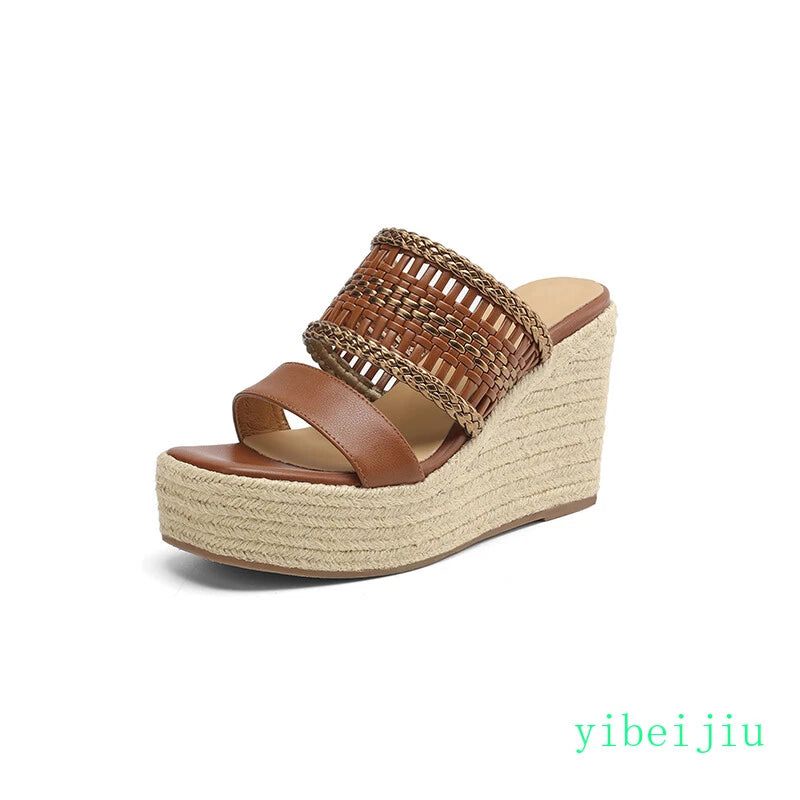 Women's Slipper Hemp Straw Weaving Platform Wedge Heel Mules Slides Sandals Lady