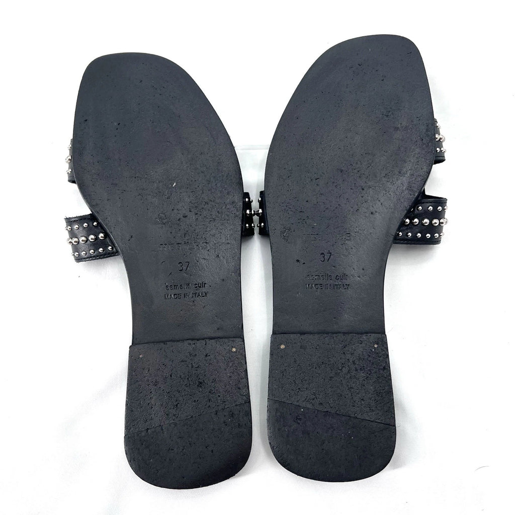 Hermes Oran Black Leather Studded Slide Sandals Womens Size EU 37 / US 6.5