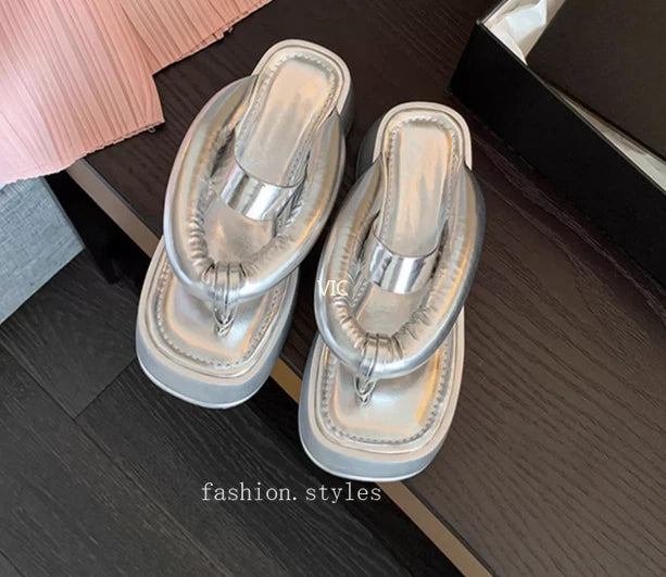 Women's Platform Leather Wedge High Heel Loafer Slipper Shoes Flip-flops Sandals