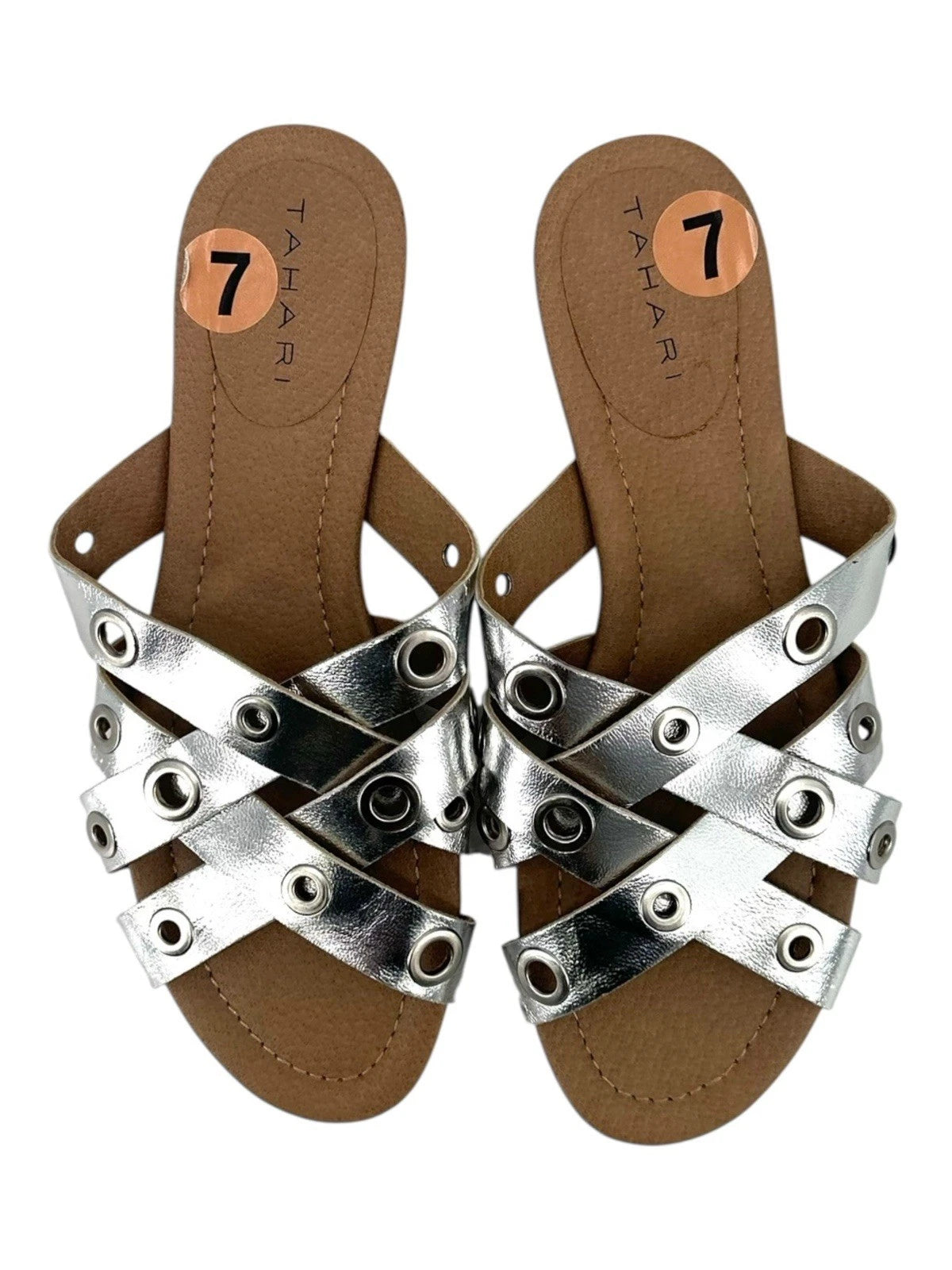 Tahari Silver Grommet Strappy Sandals Flats Women’s Size 7 Slip On Shoe