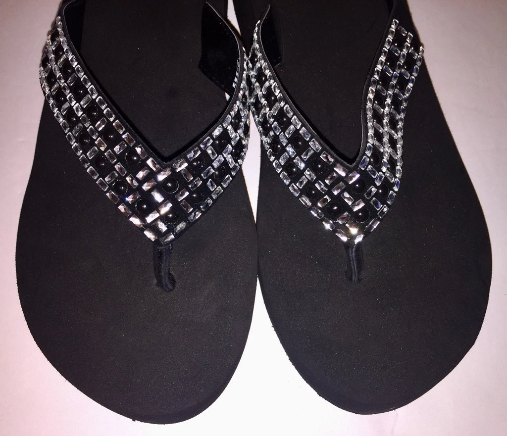 Yellow Box Flip Flops Sandals Women's Touch Wedge Pearl Jeweled Blue Black NWT