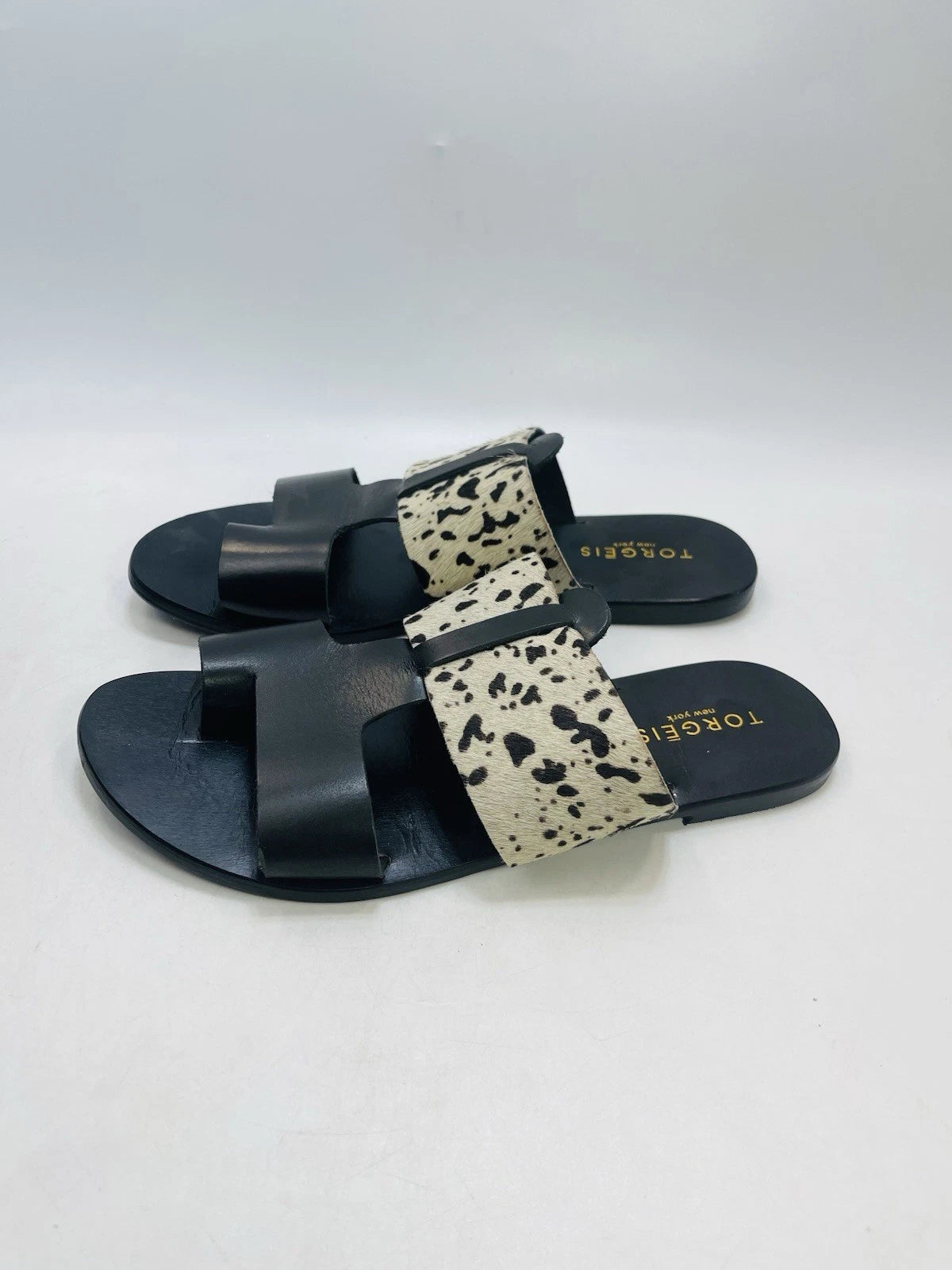 Torgeis New York Sz 7 Epona Slide Sandals Black Leather Pony Calf Hair #FEI1059