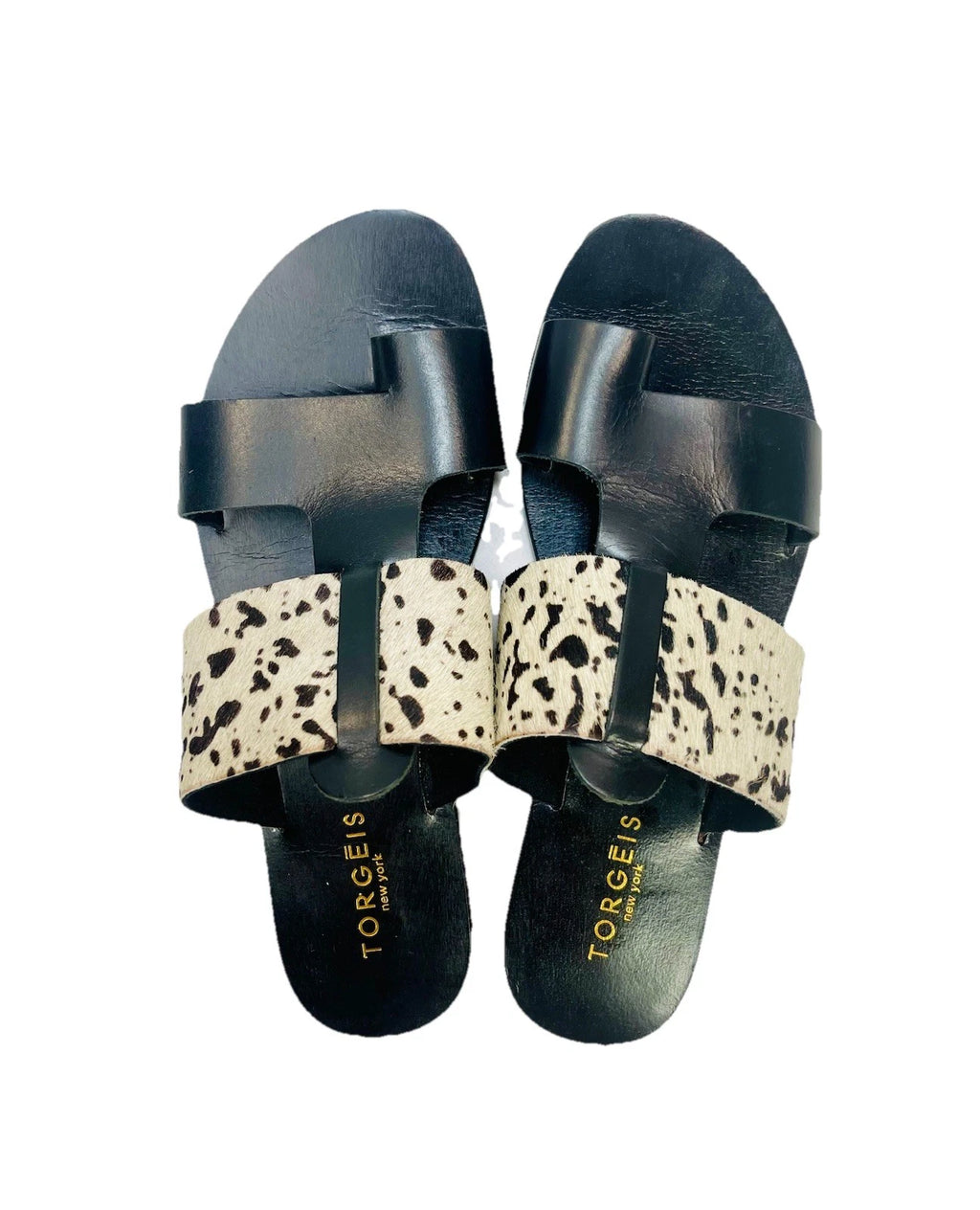 Torgeis New York Sz 7 Epona Slide Sandals Black Leather Pony Calf Hair #FEI1059
