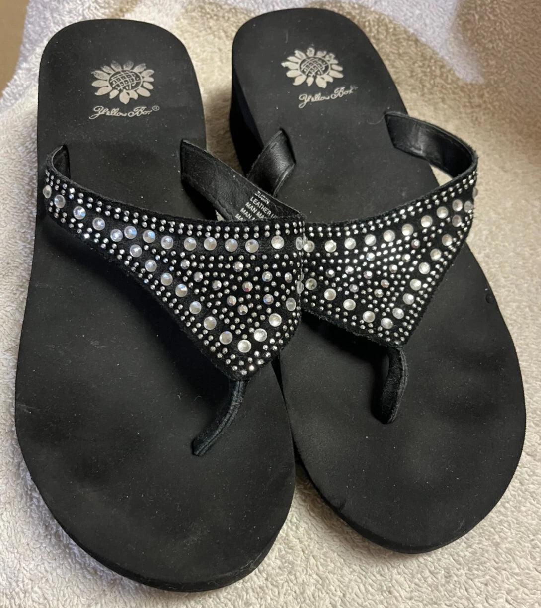 Yellow Box-style Desiree- Black Sequin Thong Flip Flops Womans Size 9