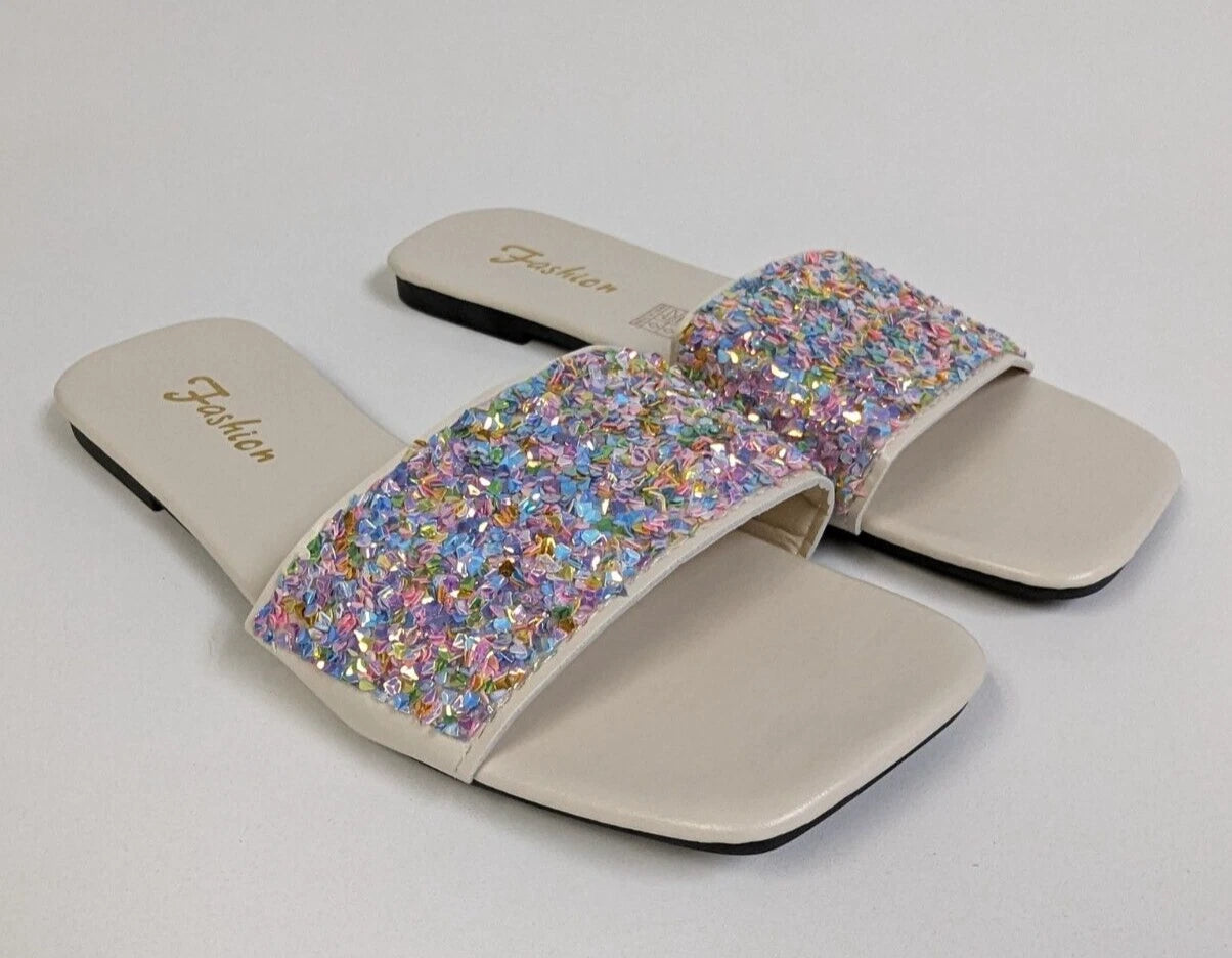 Womens 9.5 Iridescent Bling Rainbow Glitter Sequin Slip On Sandal Slides