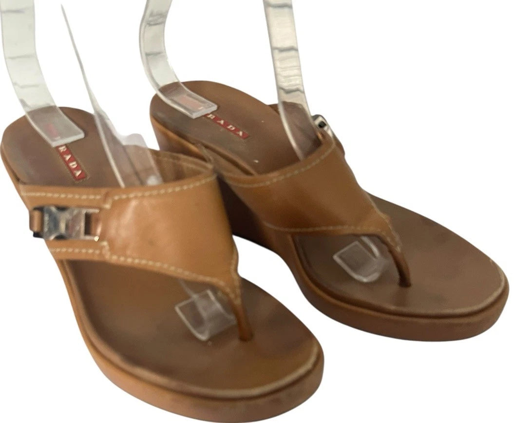 Vintage Prada y2K 90s Leather Thong Platform Wedge Brown Designer Sandals 37 US7