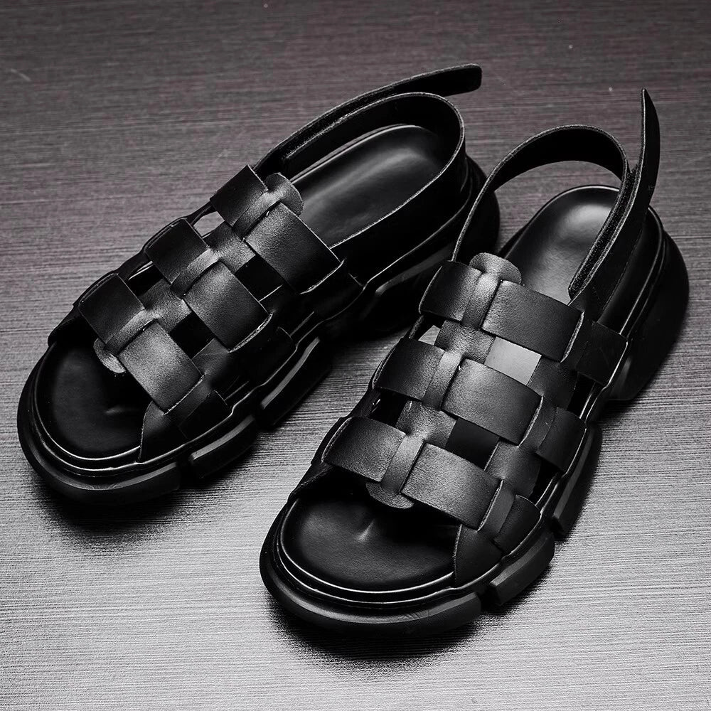 2025 Summer Men's Roman Real Leather Sandals Platform Open Toe Flat Shoes Casual