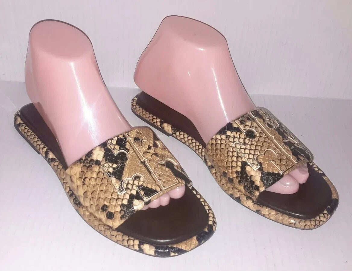 TORY BURCH DOUBLE T SPORT SLIDE snake-print leather Sandals Size 7.5