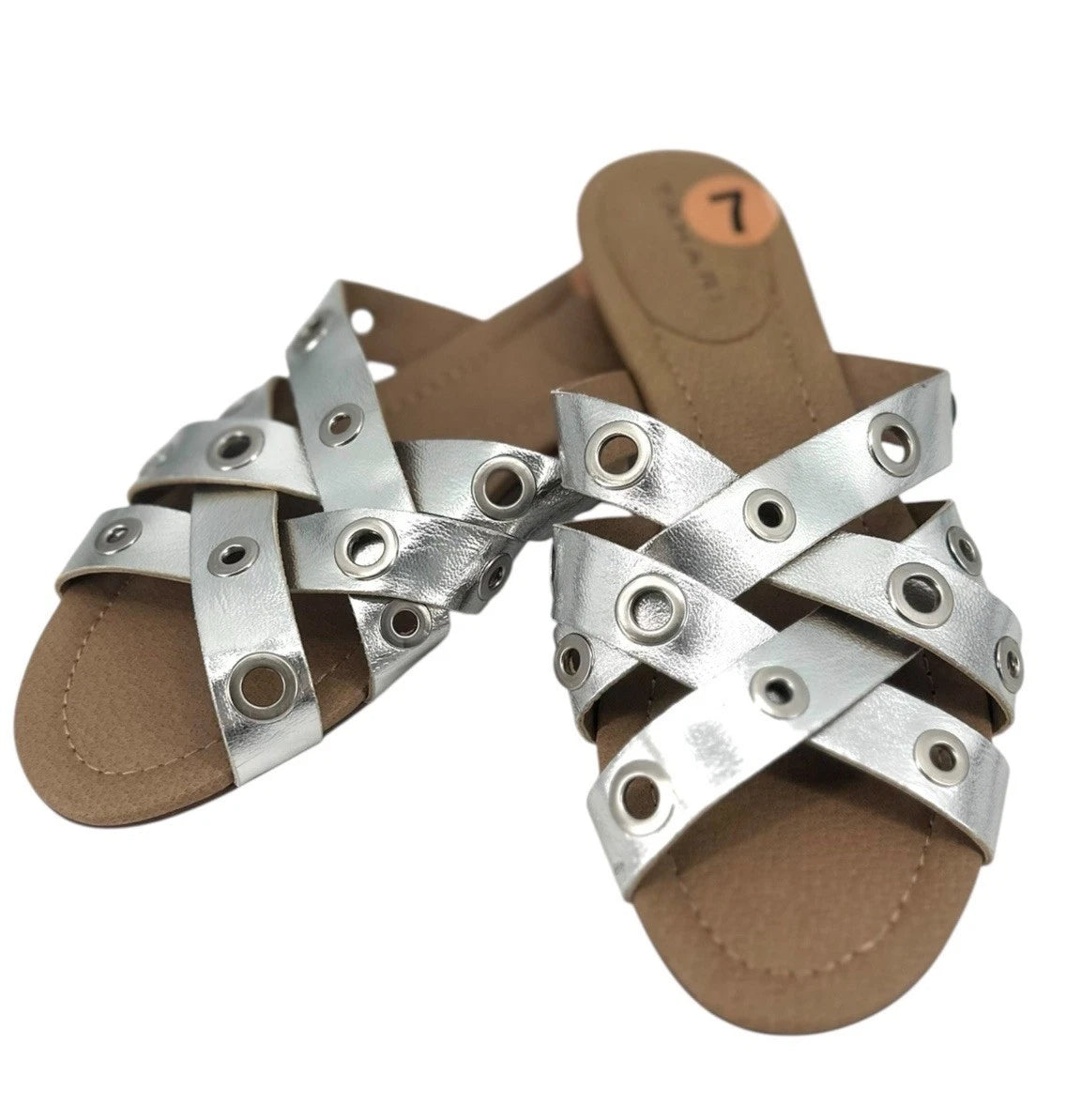 Tahari Silver Grommet Strappy Sandals Flats Women’s Size 7 Slip On Shoe