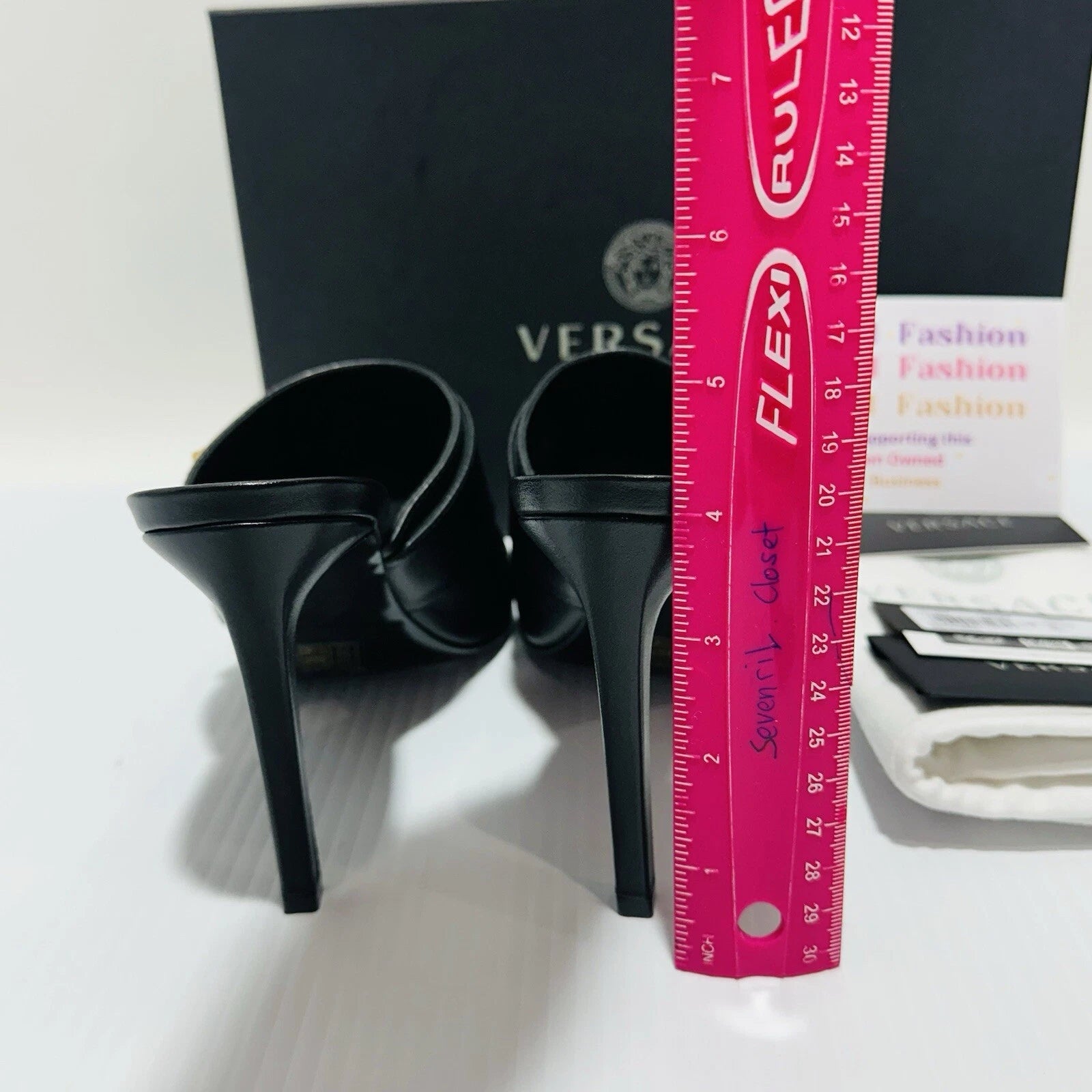 Versace Virtus Leather Open Toe Mule Heel Sandal Black Gold Size 38/8 NIB $900