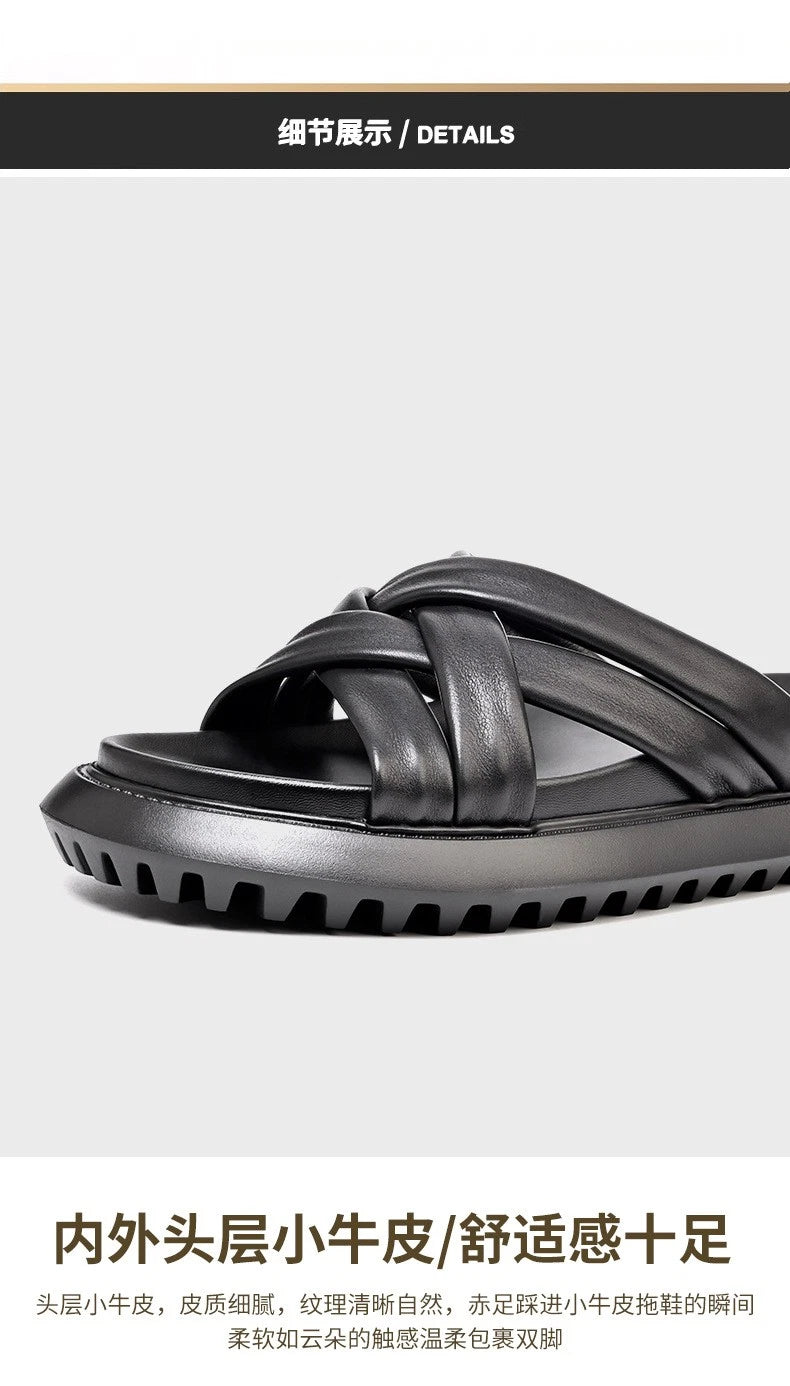 Roman Style Mens Open Toe Real Leather Cowhide Sandals Slippers Shoes Summer New