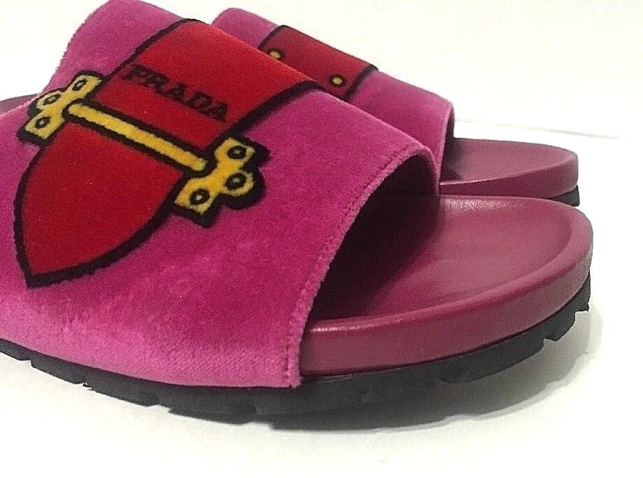Prada Slides Sandals Slip On Belt Pink Velvet Womens Size EU37.5/US7-7.5