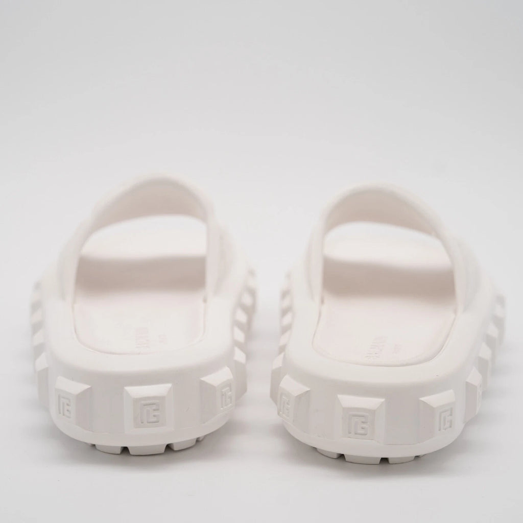size 38-39 Balmain White Ari Women Rubber Slip On Slides Sandal Embossed Logo