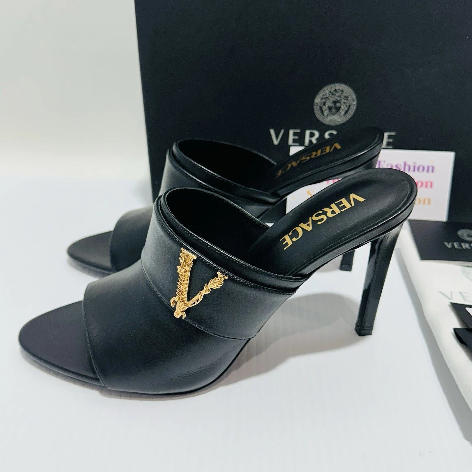 Versace Virtus Leather Open Toe Mule Heel Sandal Black Gold Size 38/8 NIB $900