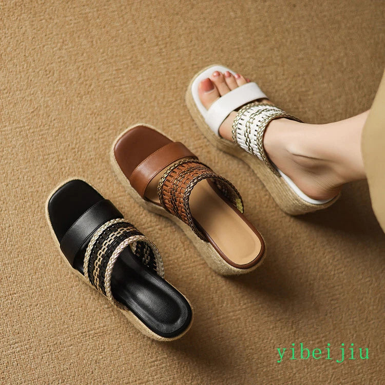 Women's Slipper Hemp Straw Weaving Platform Wedge Heel Mules Slides Sandals Lady