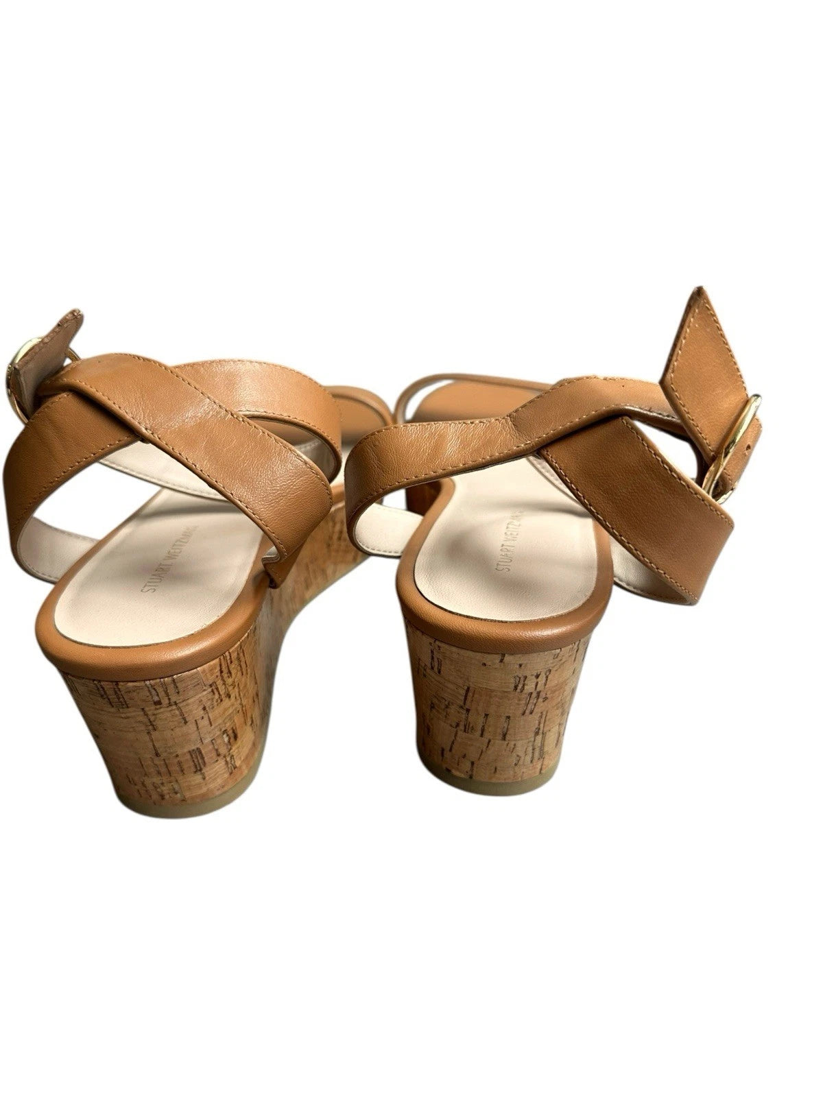 Stuart Weitzman Avenue 65 Platform Wedge Sandal Almond Tan Leather Cork Sz 8.5
