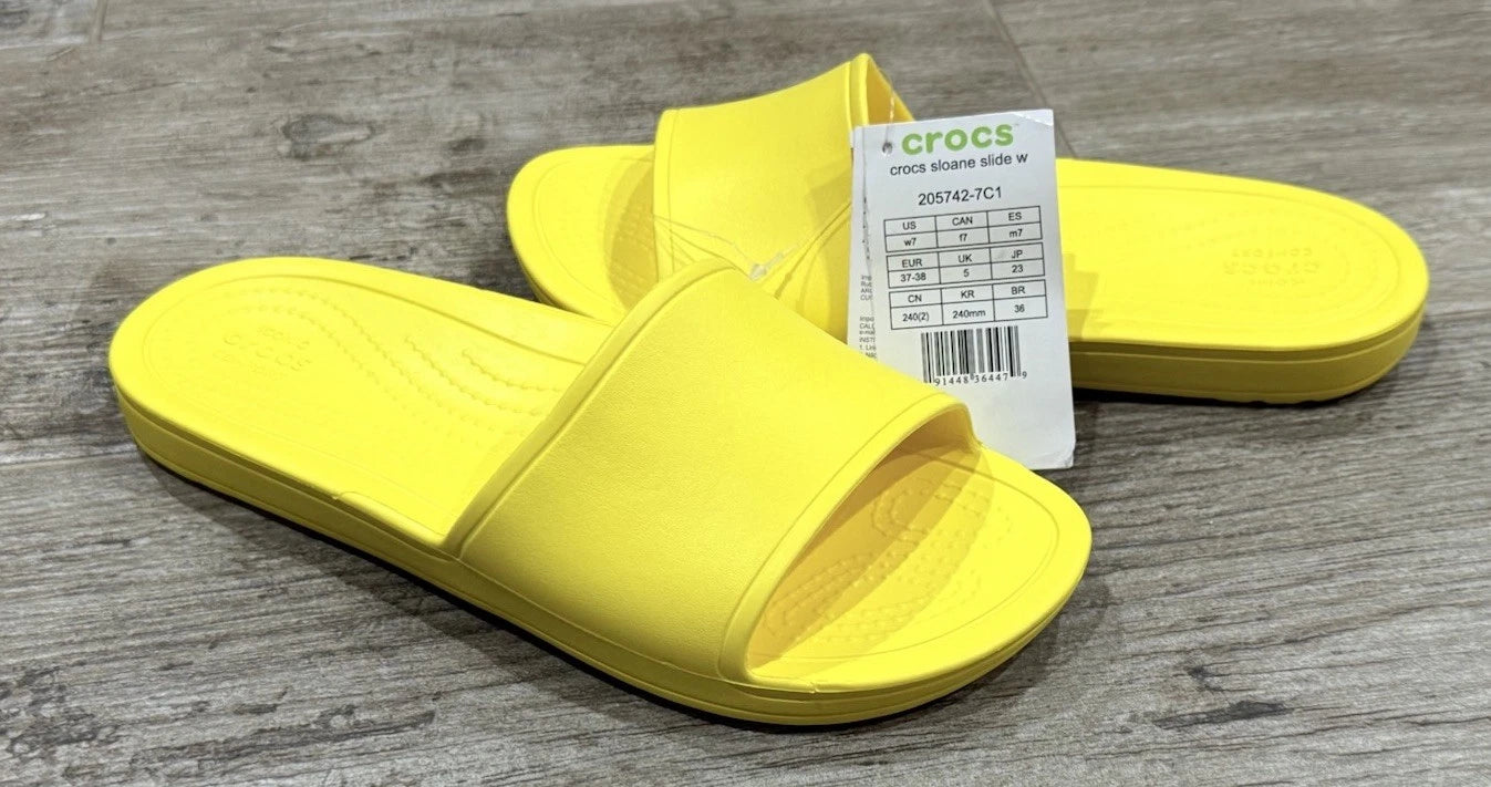 NEW CROCS W7 SLOANE SLIDE IN YELLOW LEMON. STYLE 205742-7C1. DISCONTINUED