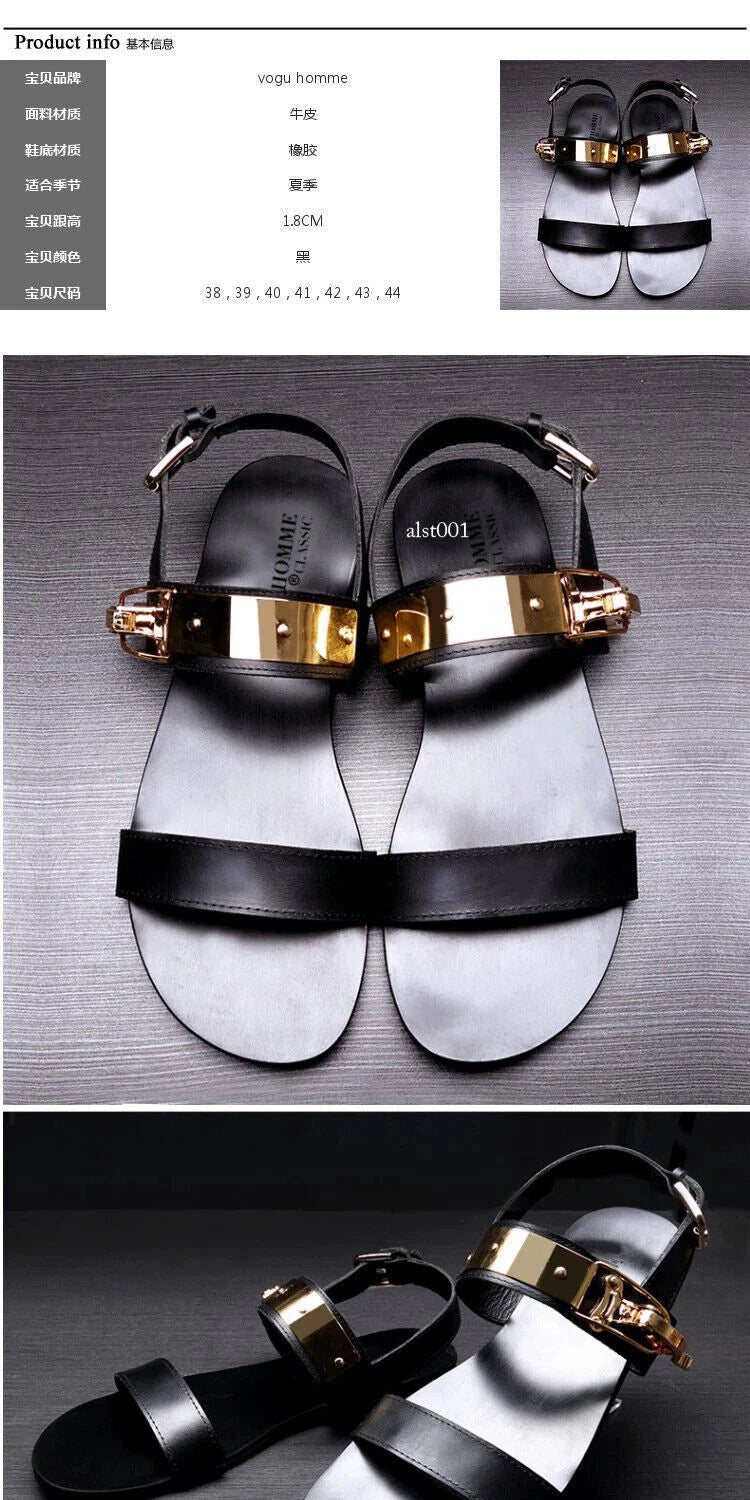 Open Toe Sandals Slingback Metal Trim Casual Real Leather Mens Shoes Roman Style