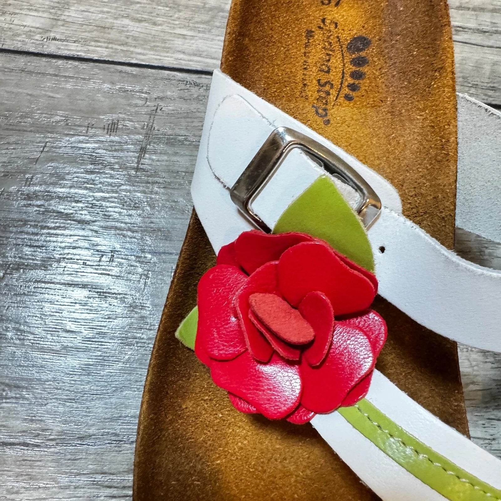 Spring Step Sandals Slides Leather Flower Accent Comfort Casual White 37
