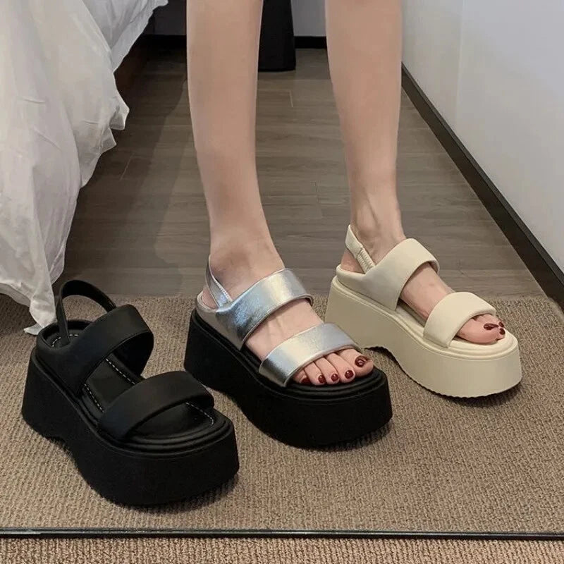 Summer 2025 Wedge Heels Slides 8CM High Heels Leather Casual Bottom Flip Flops