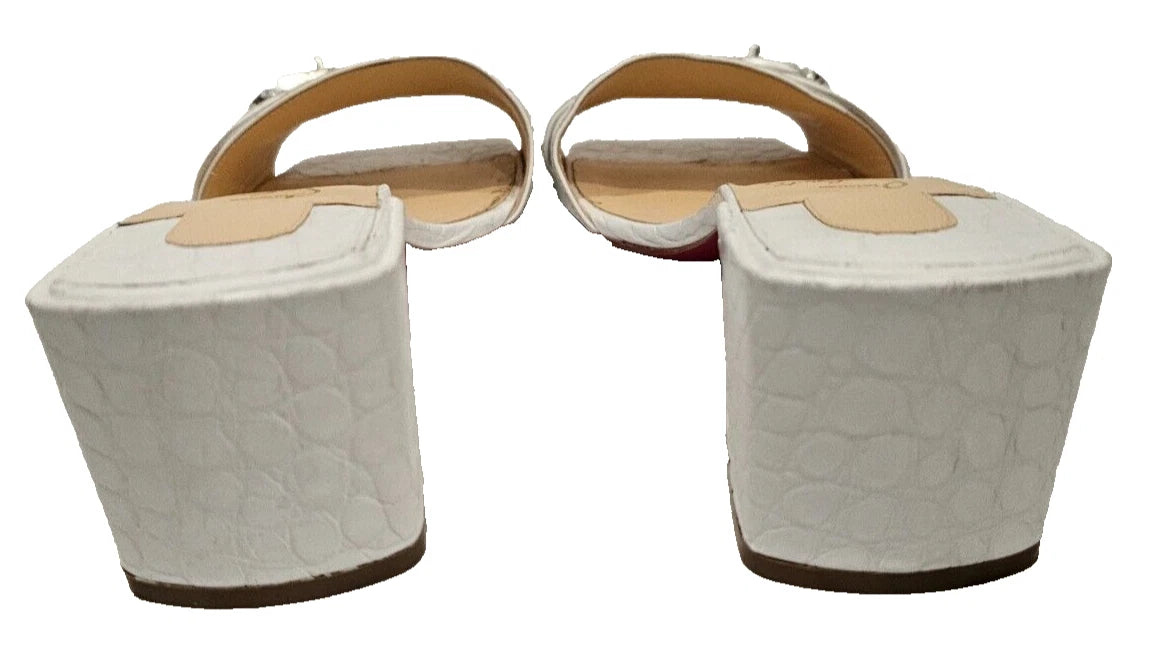 CHRISTIAN LOUBOUTIN White Calfskin Crocodile Embossed Lock Art 55 Slides - 37.5